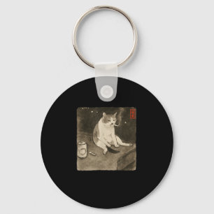 Funny Sad Cat Smoking Meme Sumi-e Japanese Art Kit Key Ring