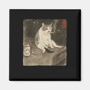 Funny Sad Cat Smoking Meme Sumi-e Japanese Art Kit Magnet