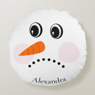 Funny Sad / Happy Snowman Face Monogrammed Name Round Cushion