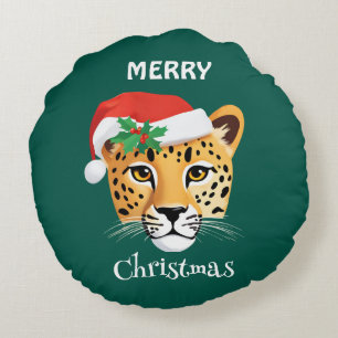 Funny Safari animals Cheetah leopard Santa Xmas Round Cushion