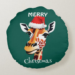 Funny Safari animals Giraffe Santa Xmas party Round Cushion