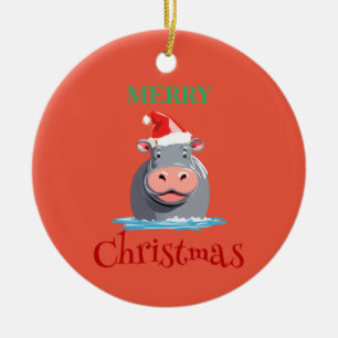 Funny Safari animals HIPPO Santa Christmas Costume Ceramic Tree Decoration