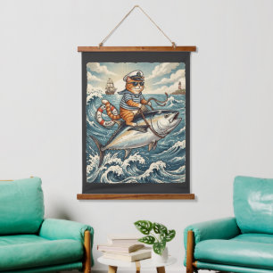 Funny Sailor Cat Riding Tuna Fish Vintage Hanging Tapestry