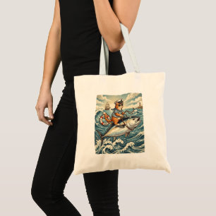 Funny Sailor Cat Riding Tuna Fish Vintage Tote Bag