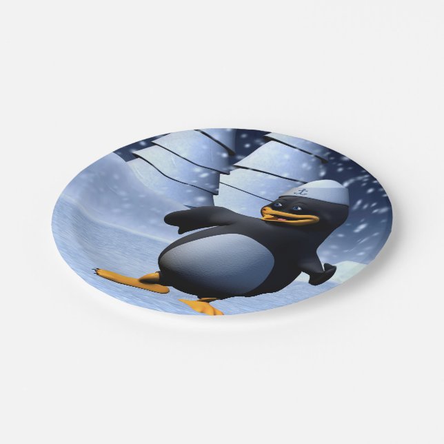 Funny Sailor Penguin Dancing Paper Plate (Angled)