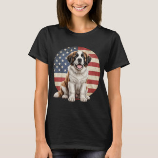 Funny Saint Bernard Dog American Flag  T-Shirt
