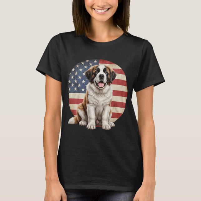 Funny Saint Bernard Dog American Flag  T-Shirt (Front)