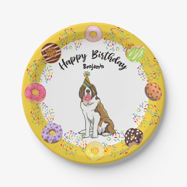 Funny Saint Bernard Dog Doughnuts Birthday Party Paper Plate (Front)