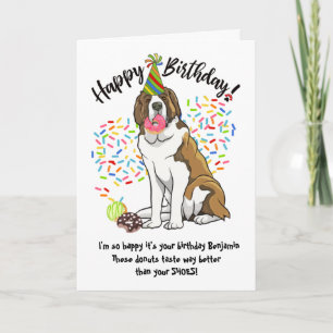 Funny Saint Bernard Pet Dog  Birthday Card Doughnu