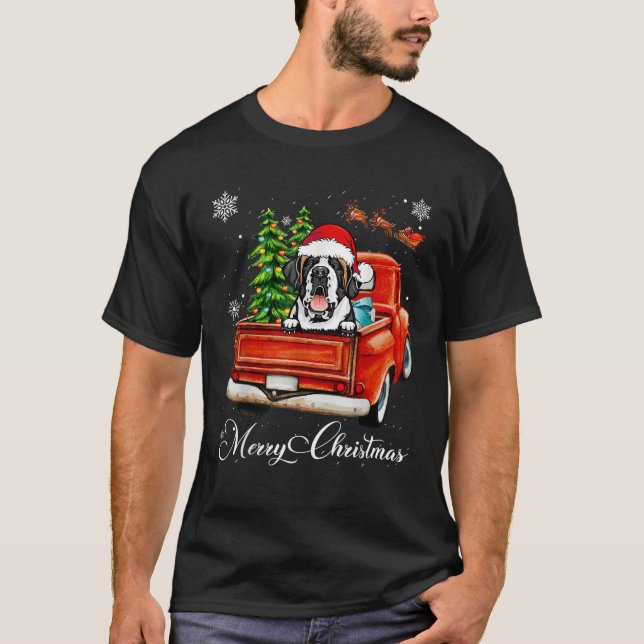 Funny Saint Bernard Ride Red Truck Merry Christmas T-Shirt (Front)