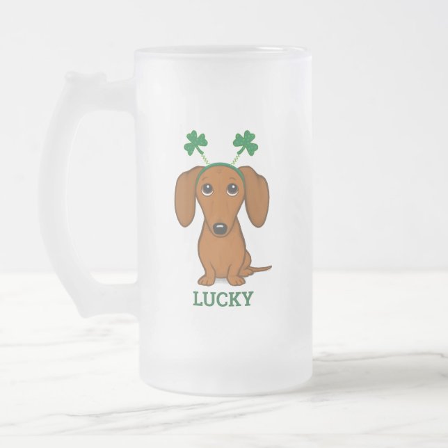 Funny Saint Patrick's Day Dog Shamrocks Custom Frosted Glass Beer Mug (Left)