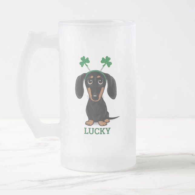 Funny Saint Patrick's Day Dog Shamrocks Custom Frosted Glass Beer Mug (Left)