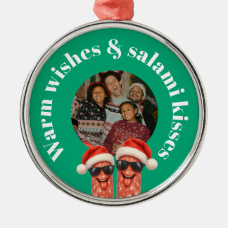 Funny salami kisses family photo christmas metal tree decoration