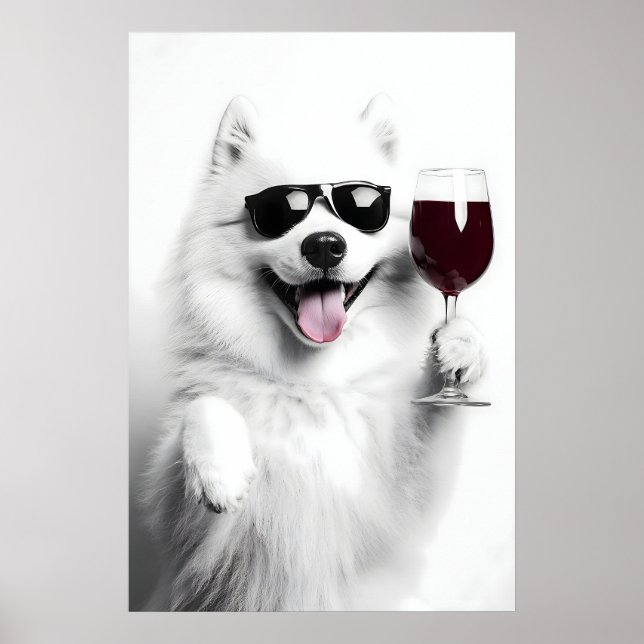Funny Samoyed Dog Drinking Wine Art Print (Digital (Front)