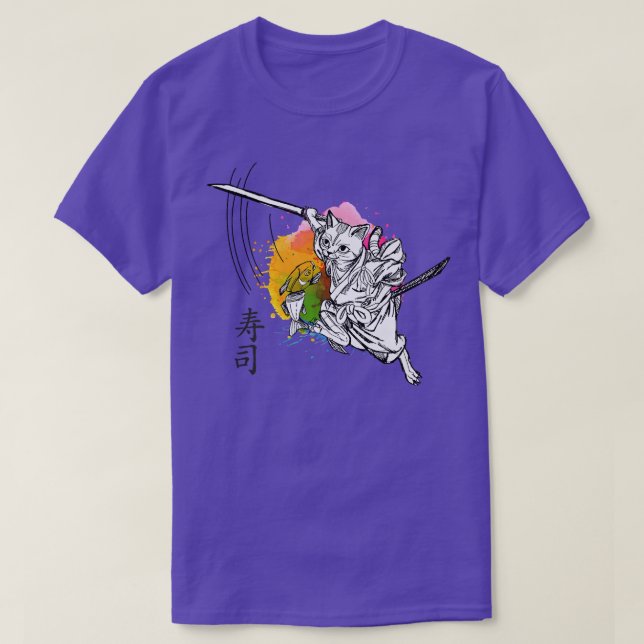 Funny Samurai Cat Making Sushi (Japanese Signs)  T-Shirt (Design Front)
