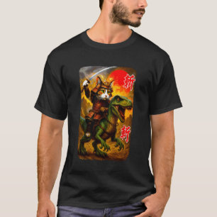 Funny Samurai Cat Riding Dinosaur History Meme T-Shirt
