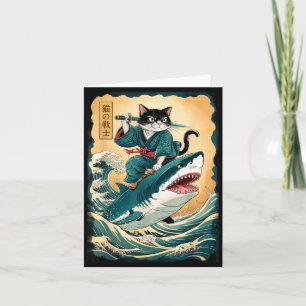 Funny Samurai Cat Riding Shark Vintage Cat Anime B Card