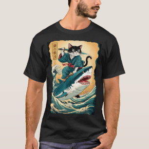 Funny Samurai Cat Riding Shark Vintage Cat Anime B T-Shirt