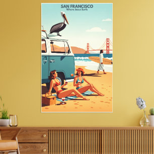 Funny San Francisco Surfing Jesus Canvas Print