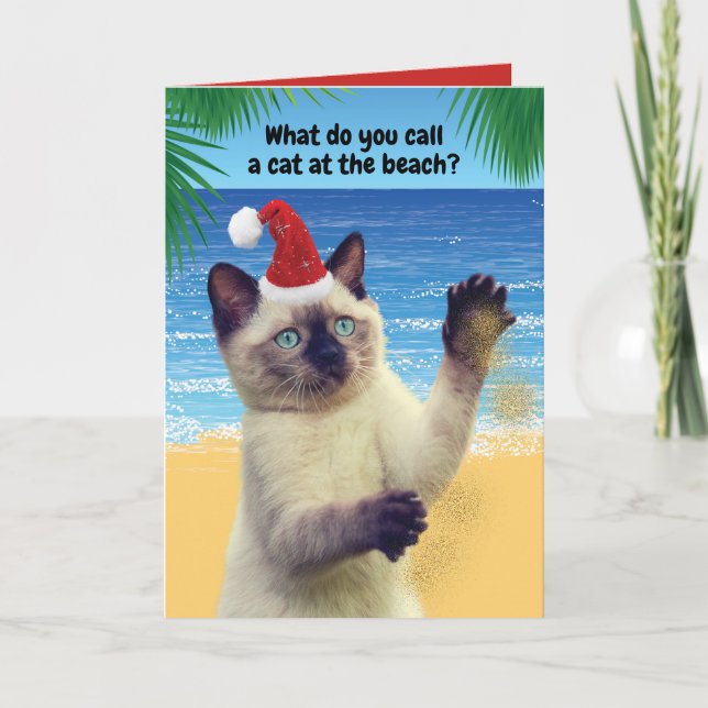 Funny "Sandy Claws" Cat On The Beach Christmas Holiday Card (Front)
