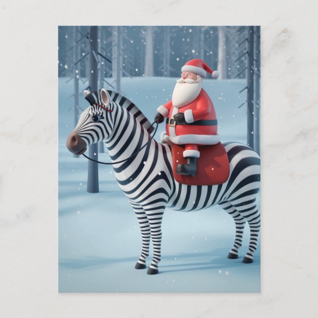 Funny Santa and a Zebra Winter Forest Postcard (Front)