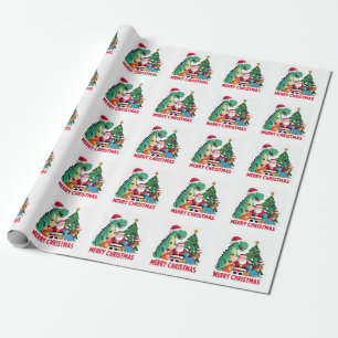 Funny Santa and Dinosaurs by the Christmas Tree  Wrapping Paper