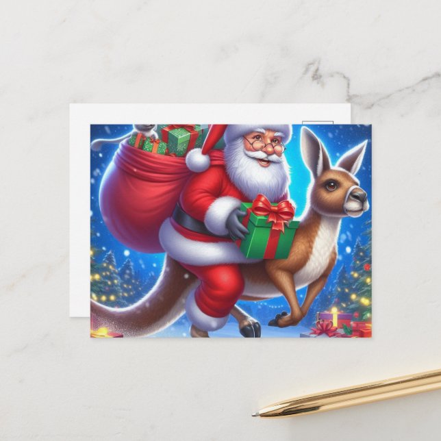 Funny Santa and Kangaroo Postcard (Front/Back In Situ)