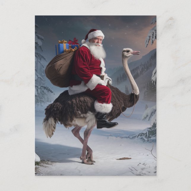 Funny Santa and Ostrich Christmas Delivery Postcard (Front)
