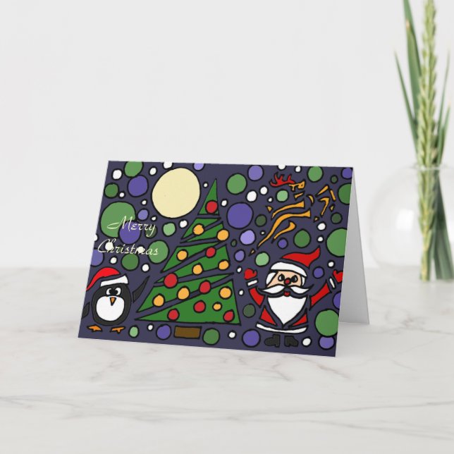 Funny Santa and Penguin Christmas Art Holiday Card (Front)