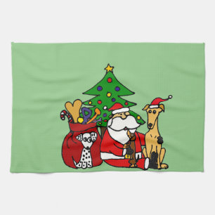 Funny Santa and Puppy Dogs Christmas Art Tea Towel