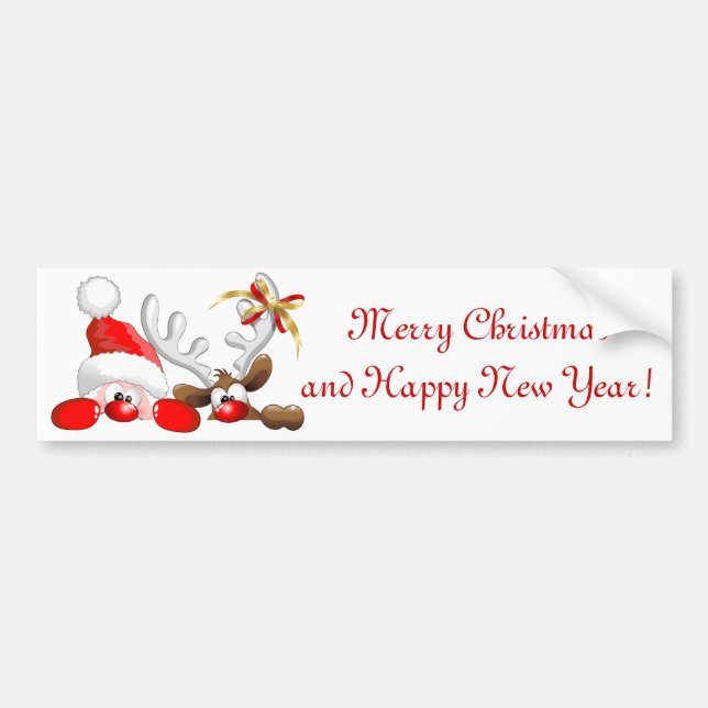 Funny Santa and Reindeer Cartoon Bumper Sticker (Front)