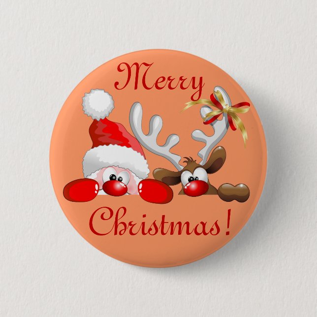 Funny Santa and Reindeer Cartoon Button (Front)