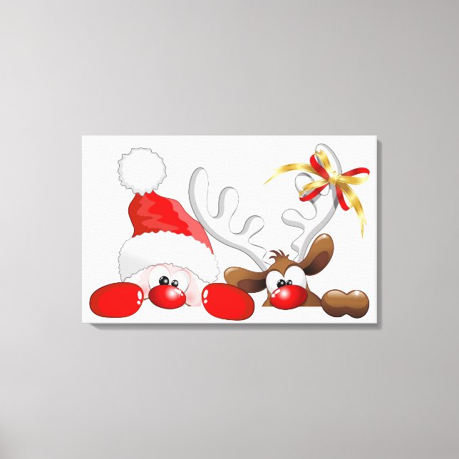Funny Santa and Reindeer Cartoon Canvas Print (Front)