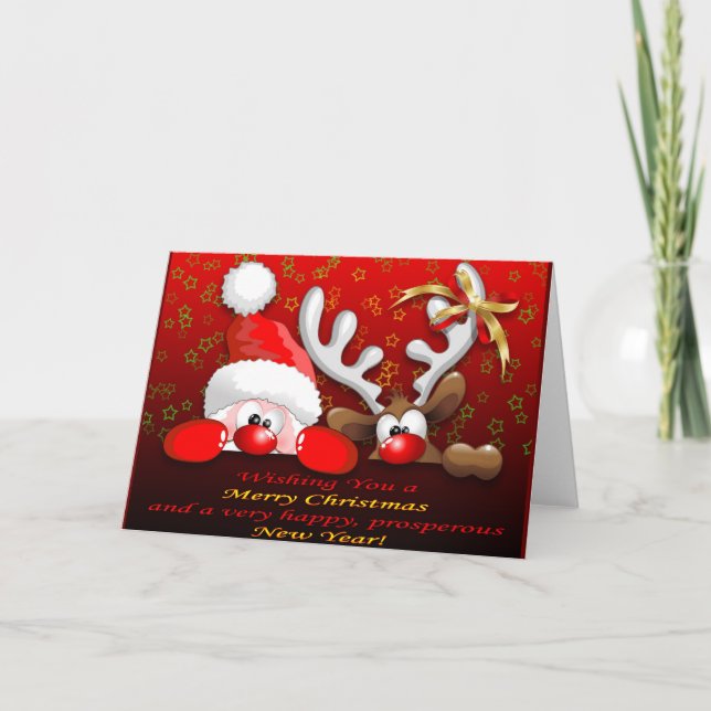 Funny Santa and Reindeer Cartoon Card (Front)