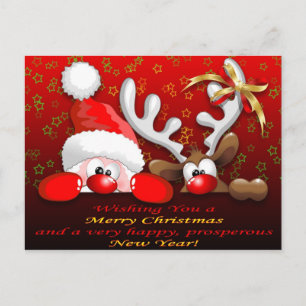 Funny Santa and Reindeer Cartoon Christmas Postcar Holiday Postcard