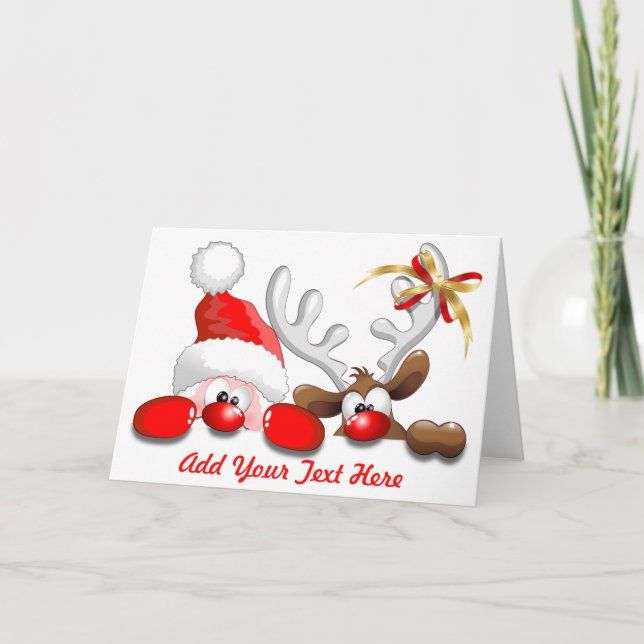 Funny Santa and Reindeer Cartoon greeting Card (Front)