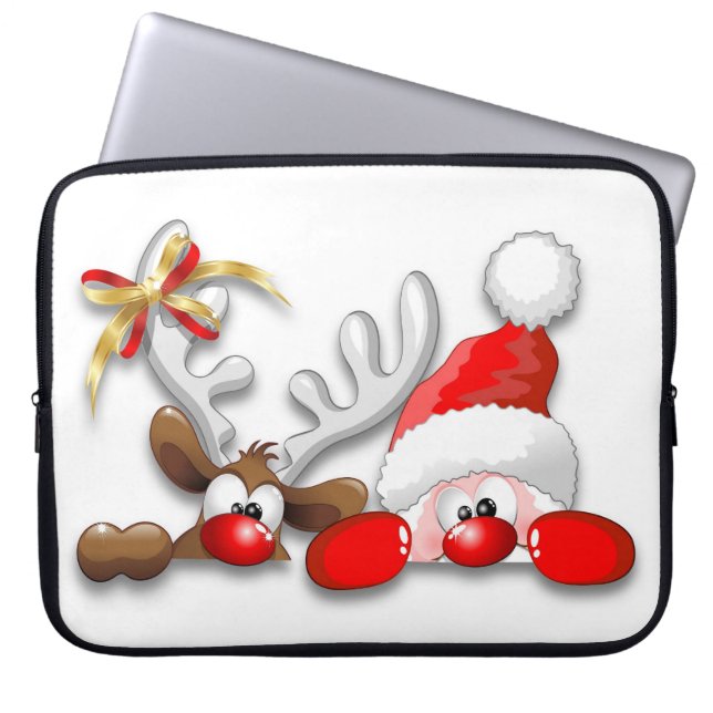 Funny Santa and Reindeer Cartoon Laptop Sleeves (Front)