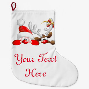 Funny Santa and Reindeer Cartoon Large Christmas Stocking