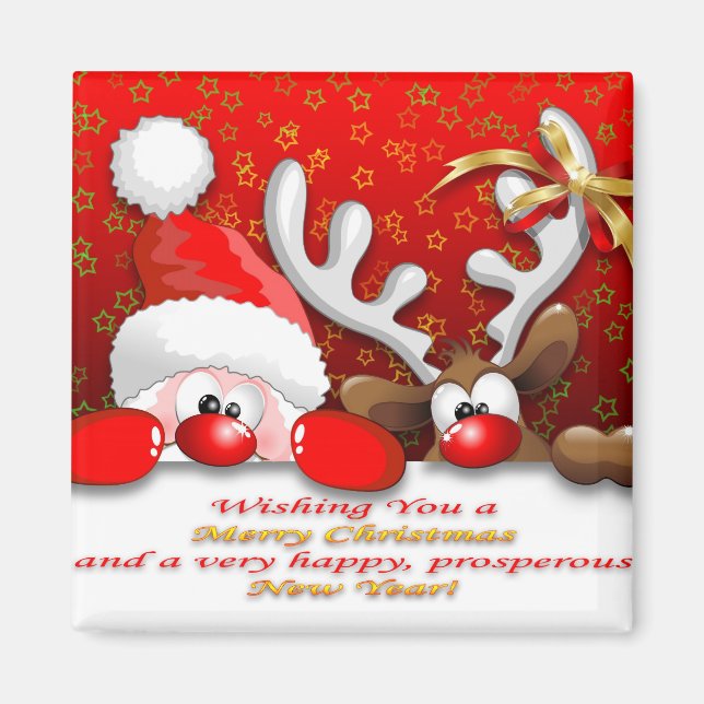 Funny Santa and Reindeer Cartoon Magnet (Front)