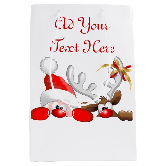 Funny Santa and Reindeer Cartoon        Medium Gift Bag (Front)