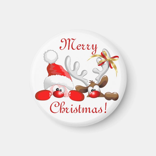 Funny Santa and Reindeer Cartoon Ornament Magnet (Front)