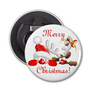 Funny Santa and Reindeer Cartoon Ornament Magnet B Bottle Opener