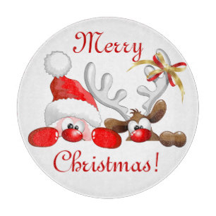 Funny Santa and Reindeer Cartoon Ornament Magnet B Cutting Board