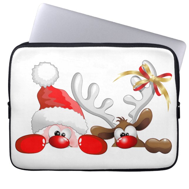 Funny Santa and Reindeer Cartoon Ornament Magnet B Laptop Sleeve (Front)