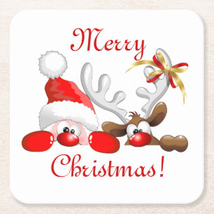 Funny Santa and Reindeer Cartoon Ornament Magnet B Square Paper Coaster
