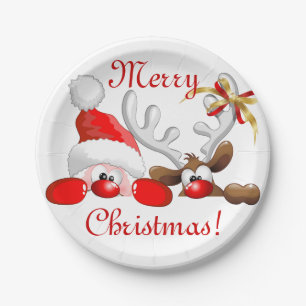 Funny Santa and Reindeer Cartoon       Paper Plate