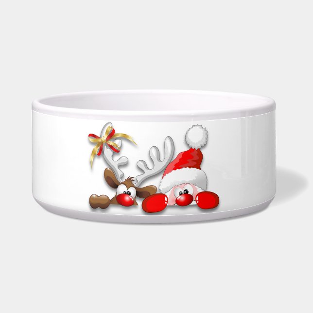 Funny Santa and Reindeer Cartoon Pet Bowl (Front)