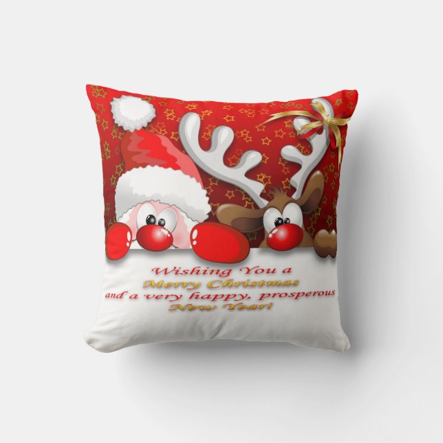 Funny Santa and Reindeer Cartoon Pillow (Front)