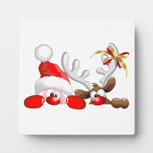 Funny Santa and Reindeer Cartoon       Plaque (Front)