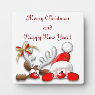 Funny Santa and Reindeer Cartoon Plaque